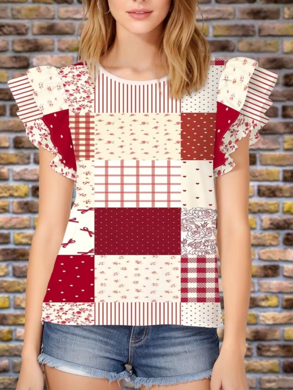 Patchwork Ruffle Sleeve Top - Red & Cream